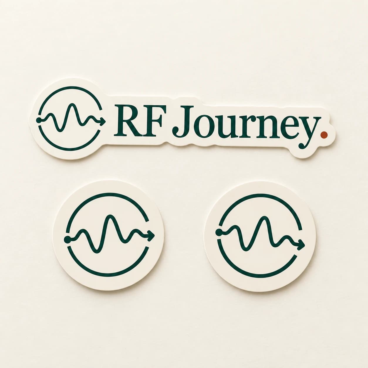 Concept mockup of three RF Journey stickers: the horizontal wordmark and two circular waveform emblems.